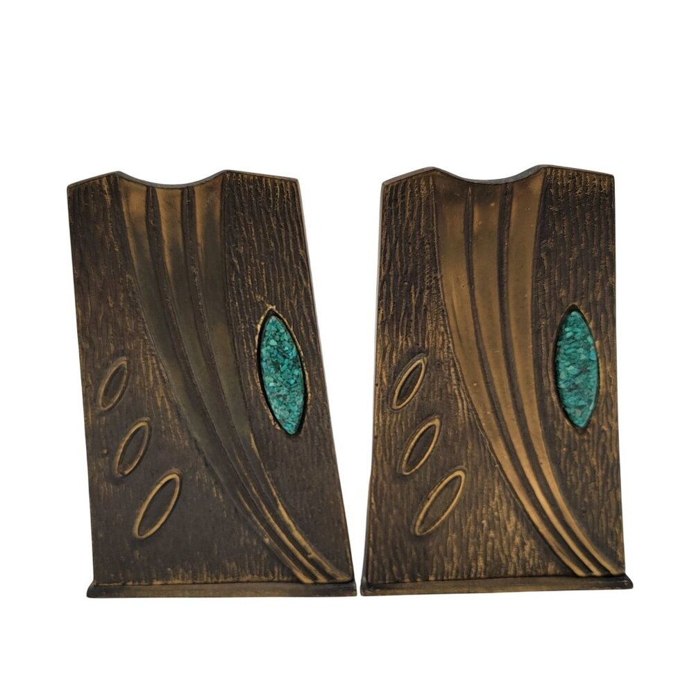 Art Nouveau Deco Bronze Bookends with Turquoise Inlay